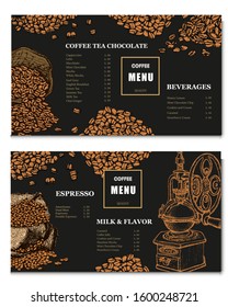 Coffee illustration. Hand drawn vector banner. Coffee beans, bag. Menu