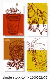 Coffee illustration. Hand drawn vector banner. Coffee beans, branch, cup