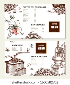 Coffee illustration. Hand drawn vector banner. Coffee beans, bag, branchб flowers. Menu