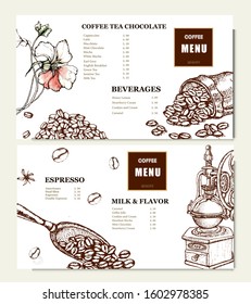 Coffee illustration. Hand drawn vector banner. Coffee beans, bag, branch, flower. Menu