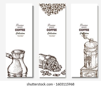 Coffee illustration. Hand drawn vector banner. Coffee beans, bag