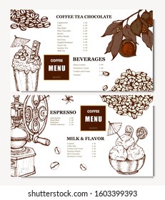 Coffee illustration. Hand drawn vector banner. Coffee beans, bag, branch, dessert. Menu