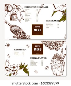 Coffee illustration. Hand drawn vector banner. Coffee beans, bag, branch, dessert, birds. Menu
