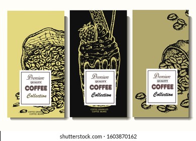 Coffee illustration. Hand drawn vector banner. Coffee beans, bag, dessert