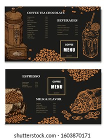 Coffee illustration. Hand drawn vector banner. Coffee beans, bag, dessert. Menu