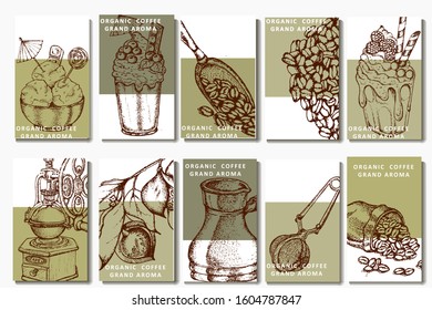 Coffee illustration. Hand drawn vector banner. Coffee beans, bag, branch, dessert