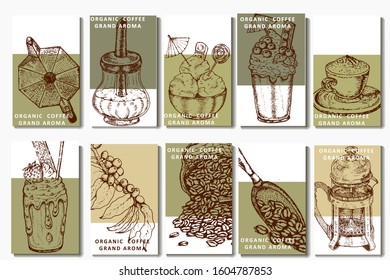 Coffee illustration. Hand drawn vector banner. Coffee beans, bag, branch, dessert