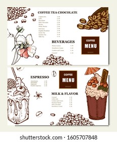 Coffee illustration. Hand drawn vector banner. Coffee beans, bag, dessert, flower. Menu
