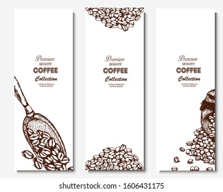 Coffee illustration. Hand drawn vector banner. Coffee beans, bag, spoon