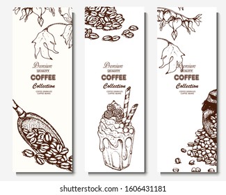 Coffee illustration. Hand drawn vector banner. Coffee beans, dessert, bag, branch