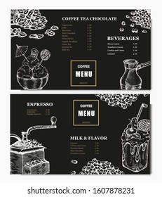 Coffee illustration. Hand drawn vector banner. Coffee beans, dessert, bag. Menu