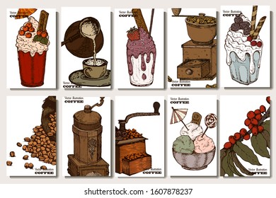 Coffee illustration. Hand drawn vector banner. Coffee beans, dessert, bag, branch, teatpot