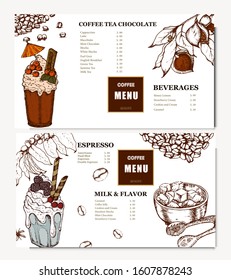 Coffee illustration. Hand drawn vector banner. Coffee beans, dessert, bag. Menu