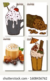 Coffee illustration. Hand drawn vector banner. Coffee beans, dessert, bag. Realistic vector