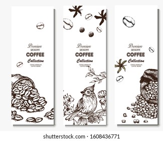Coffee illustration. Hand drawn vector banner. Coffee beans, bird, bag
