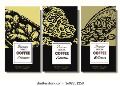 Coffee illustration. Hand drawn vector banner. Coffee and cocoa beans, bag
