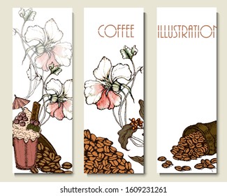 Coffee illustration. Hand drawn vector banner. Coffee beans, dessert, bag, flowers