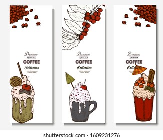 Coffee illustration. Hand drawn vector banner. Coffee beans, dessert, bag, branch