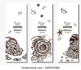 Coffee illustration. Hand drawn vector banner. Coffee beans, dessert, bag, cup