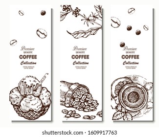 Coffee illustration. Hand drawn vector banner. Coffee beans, dessert, bag, tea, branch