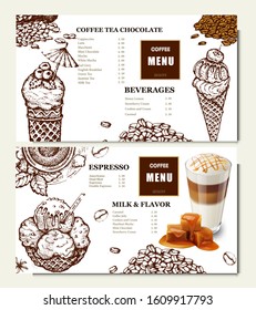 Coffee illustration. Hand drawn vector banner. Coffee beans, dessert, bag. Realistic vector menu