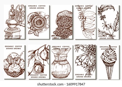 Coffee illustration. Hand drawn vector banner. Coffee beans, dessert, bag, branch