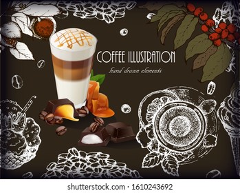 Coffee illustration. Hand drawn vector banner. Coffee beans, dessert. Realistic vector menu