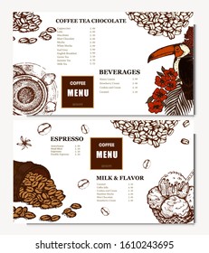 Coffee illustration. Hand drawn vector banner. Coffee beans, dessert, bag, bird, Menu