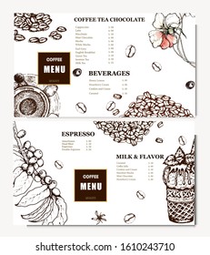 Coffee illustration. Hand drawn vector banner. Coffee beans, dessert, bag, flower.