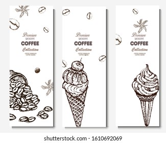 Coffee illustration. Hand drawn vector banner. Dessert, bag, coffee beans
