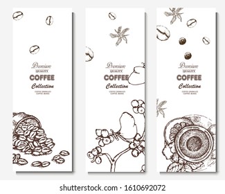Coffee illustration. Hand drawn vector banner. Bag, branch, tea