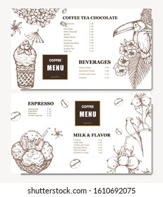 Coffee illustration. Hand drawn vector banner. Coffee beans, dessert, bag, flower, birds. Menu