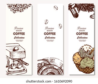 Coffee illustration. Hand drawn vector banner. Dessert, branch, tea