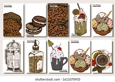 Coffee illustration. Hand drawn vector banner. Coffee beans, dessert, bag, branch, teapot