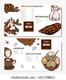 Coffee illustration. Hand drawn vector banner. Coffee and cocoa beans, dessert, bag, flower. Menu