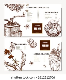 Coffee illustration. Hand drawn vector banner. Coffee beans, dessert, bag, branch. Menu