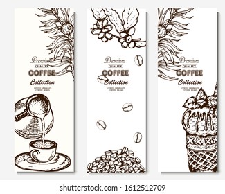 Coffee illustration. Hand drawn vector banner. Dessert, branch, coffee beans