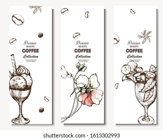 Coffee illustration. Hand drawn vector banner. Dessert, flower, coffee beans