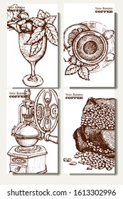 Coffee illustration. Hand drawn vector banner. Coffee beans, dessert, bag
