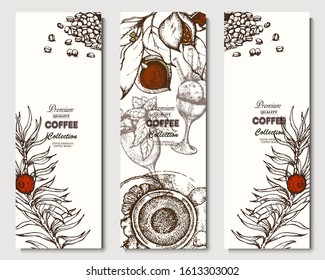 Coffee illustration. Hand drawn vector banner. Dessert, bag, coffee beans, branch