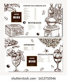 Coffee illustration. Hand drawn vector banner. Coffee beans, dessert, cup. Menu