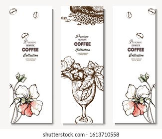 Coffee illustration. Hand drawn vector banner. Dessert, bag, coffee beans, flowers