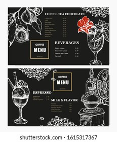 Coffee illustration. Hand drawn vector banner. Coffee beans, dessert, cup. Menu