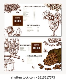 Coffee illustration. Hand drawn vector banner. Coffee beans, dessert, cup, bag. Menu