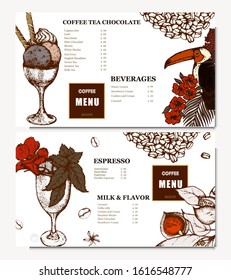 Coffee illustration. Hand drawn vector banner. Coffee beans, dessert, cup, bird. Menu