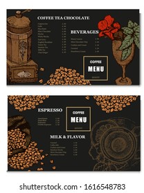 Coffee illustration. Hand drawn vector banner. Coffee beans, dessert, cup, bag. Menu