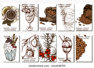 Coffee illustration. Hand drawn vector banner. Coffee beans, dessert, bag, branch, cup