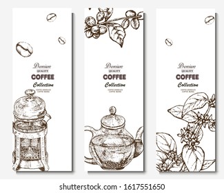 Coffee illustration. Hand drawn vector banner. Coffee beans, flower, branch, teapot