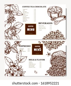 Coffee illustration. Hand drawn vector banner. Coffee beans, branch, sugar, cup, bag. Menu
