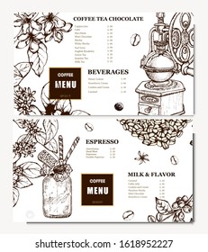 Coffee illustration. Hand drawn vector banner. Coffee beans, flower. Menu